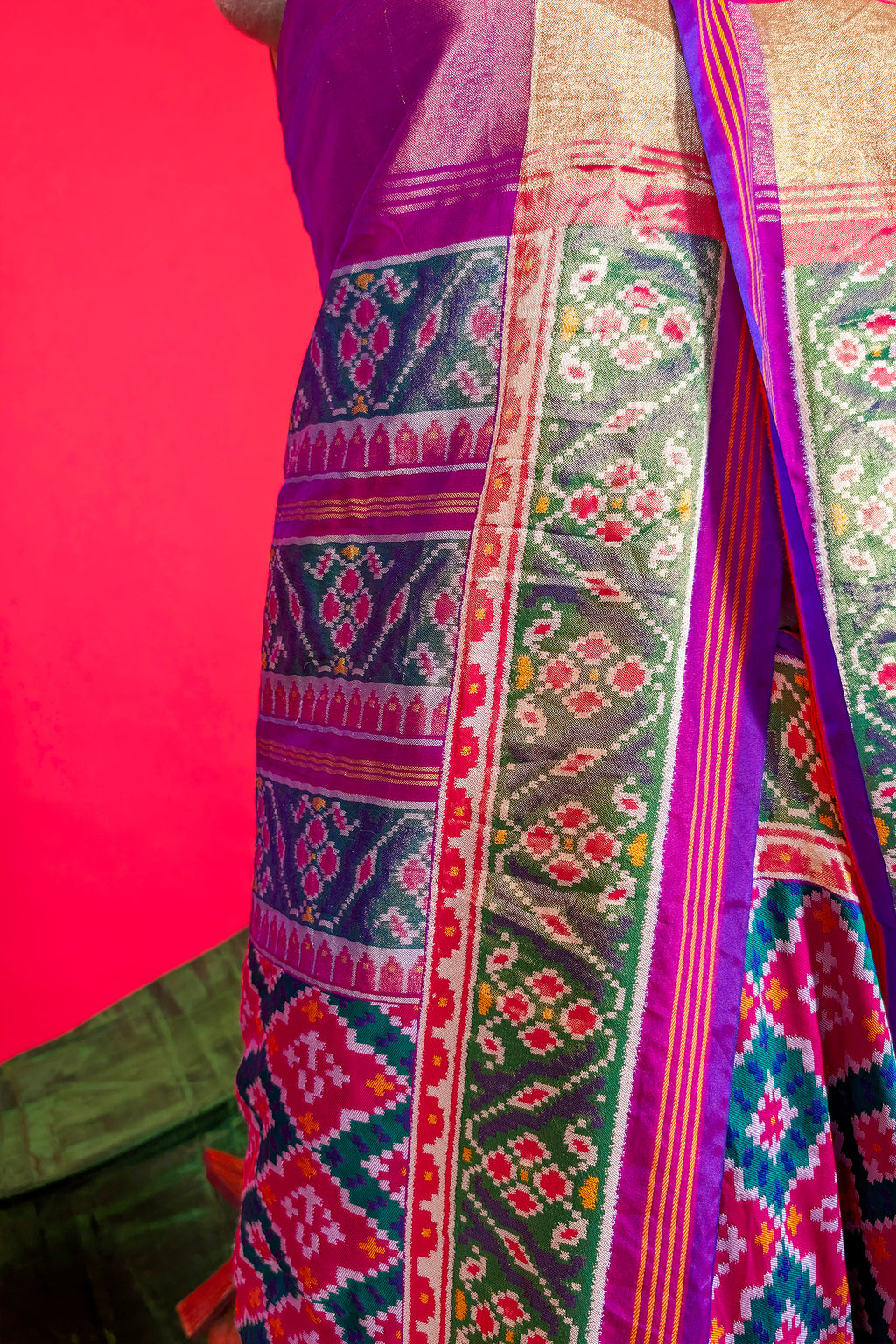 Pink and Green Art Silk Patola Woven Saree