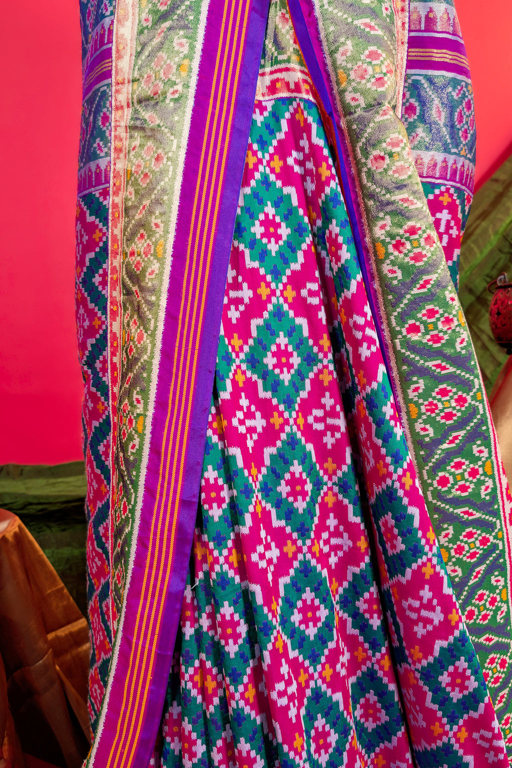 Pink and Green Art Silk Patola Woven Saree