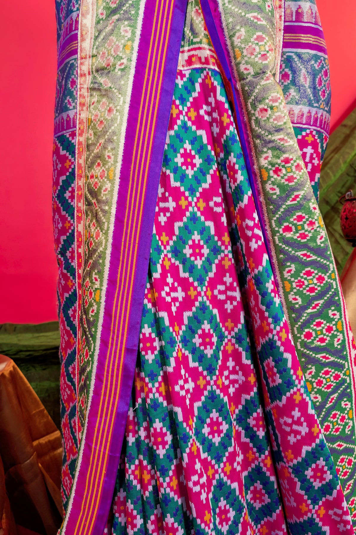 Pink and Green Art Silk Patola Woven Saree