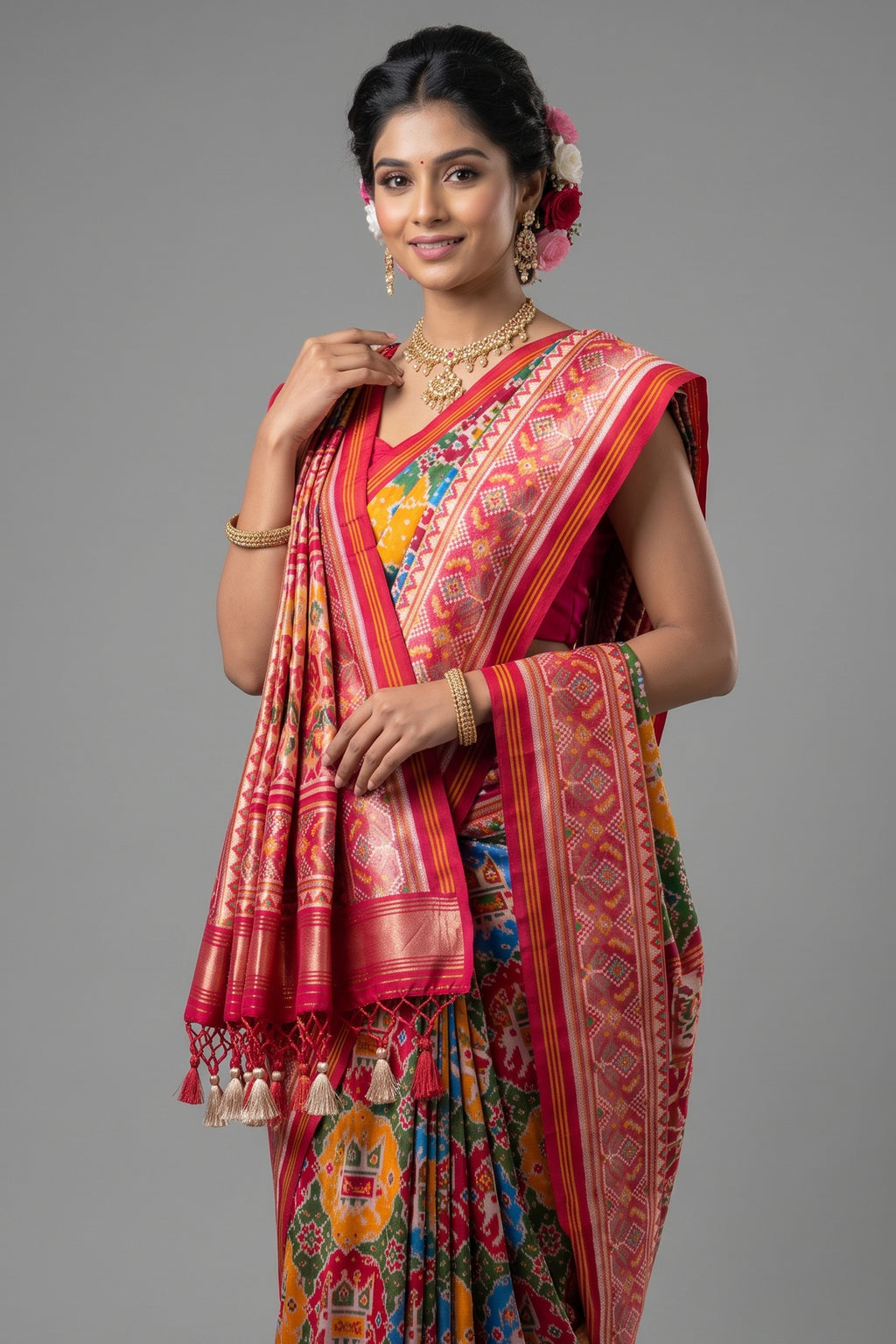 Multi Colored Art Silk Patola Woven Saree