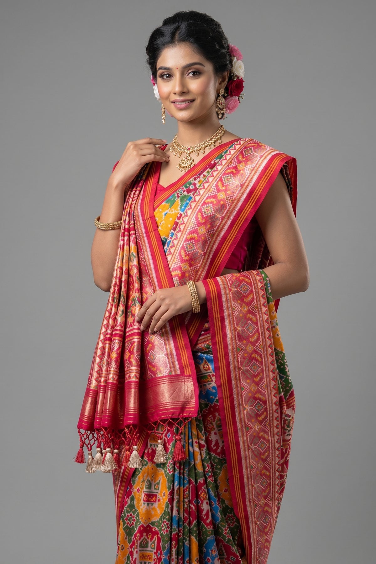 Multi Colored Art Silk Patola Woven Saree