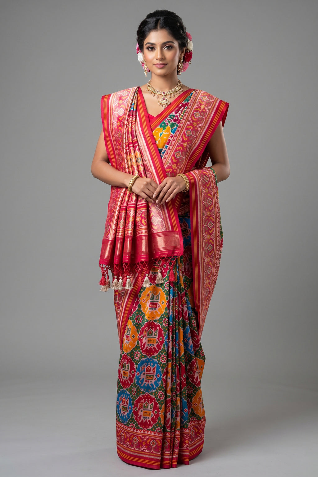 Multi Colored Art Silk Patola Woven Saree