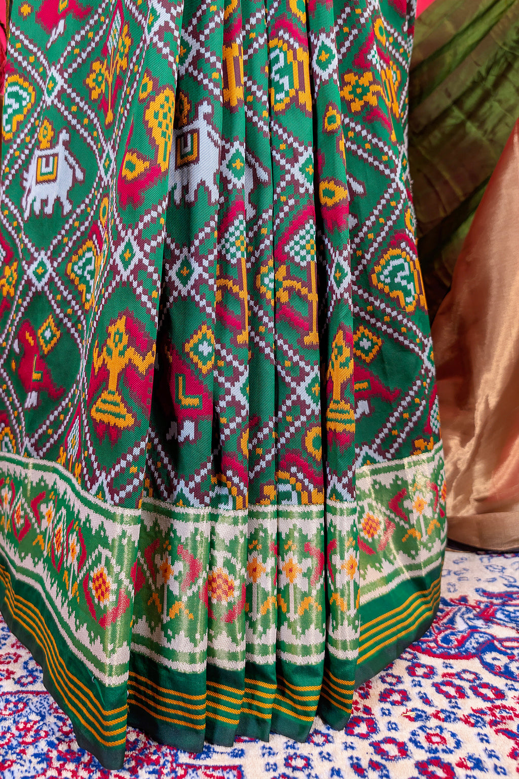 Dark Green Art Silk Checks Woven Patola Woven Saree