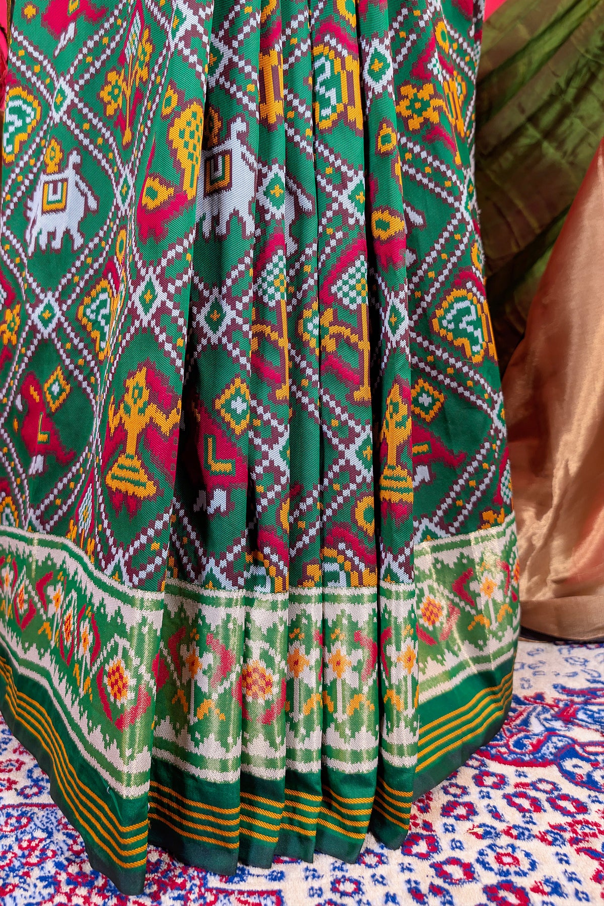 Dark Green Art Silk Checks Woven Patola Woven Saree