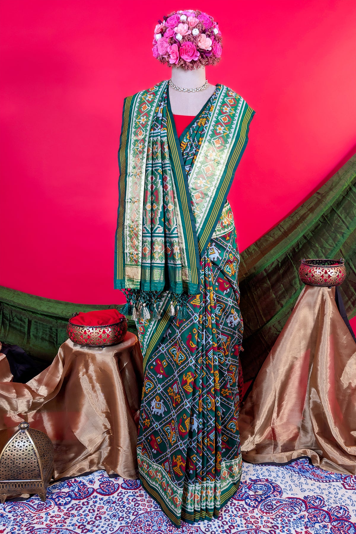 Dark Green Art Silk Checks Woven Patola Woven Saree