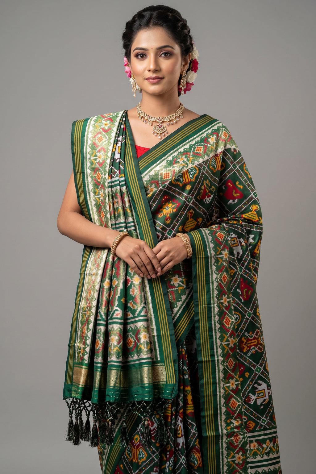 Dark Green Art Silk Checks Woven Patola Woven Saree