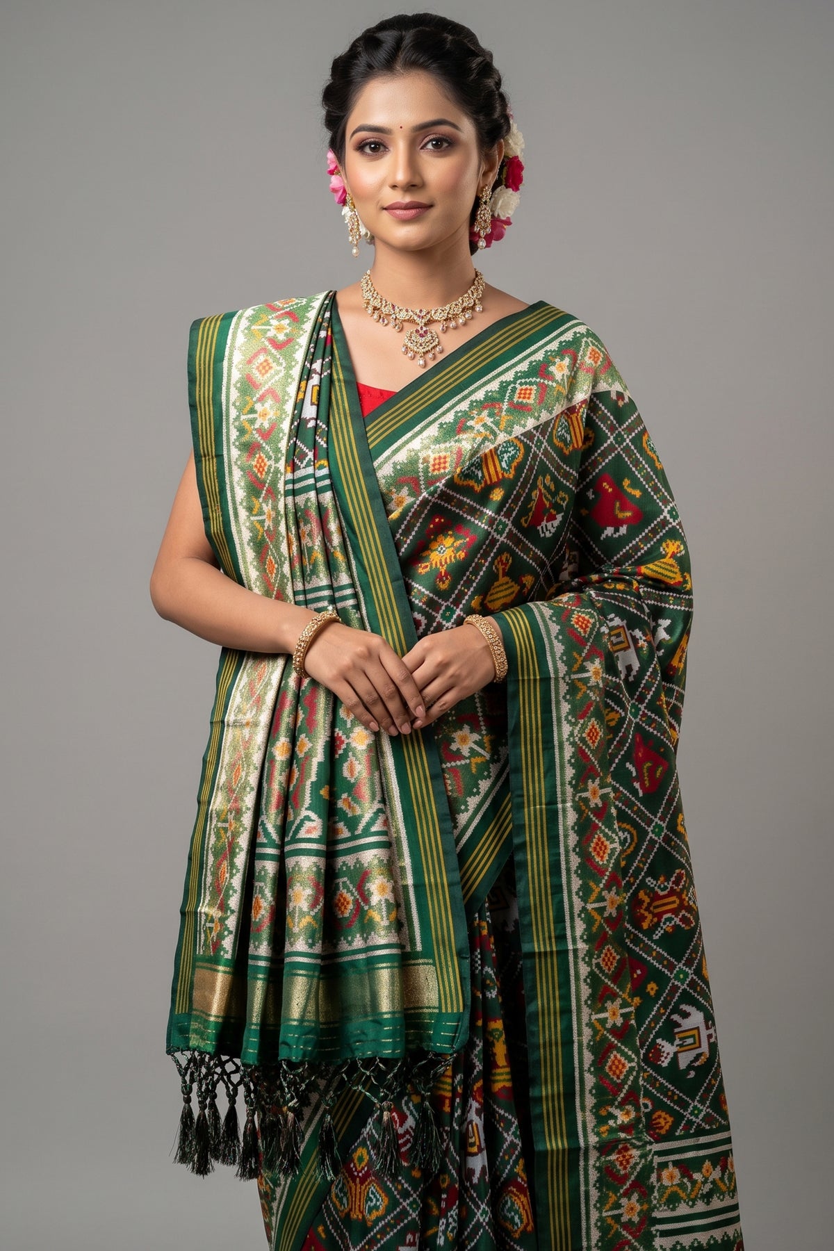 Dark Green Art Silk Checks Woven Patola Woven Saree