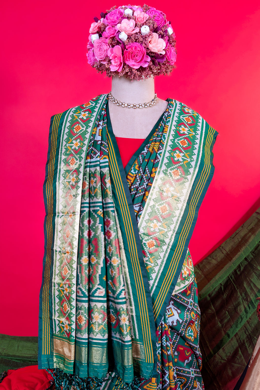 Dark Green Art Silk Checks Woven Patola Woven Saree