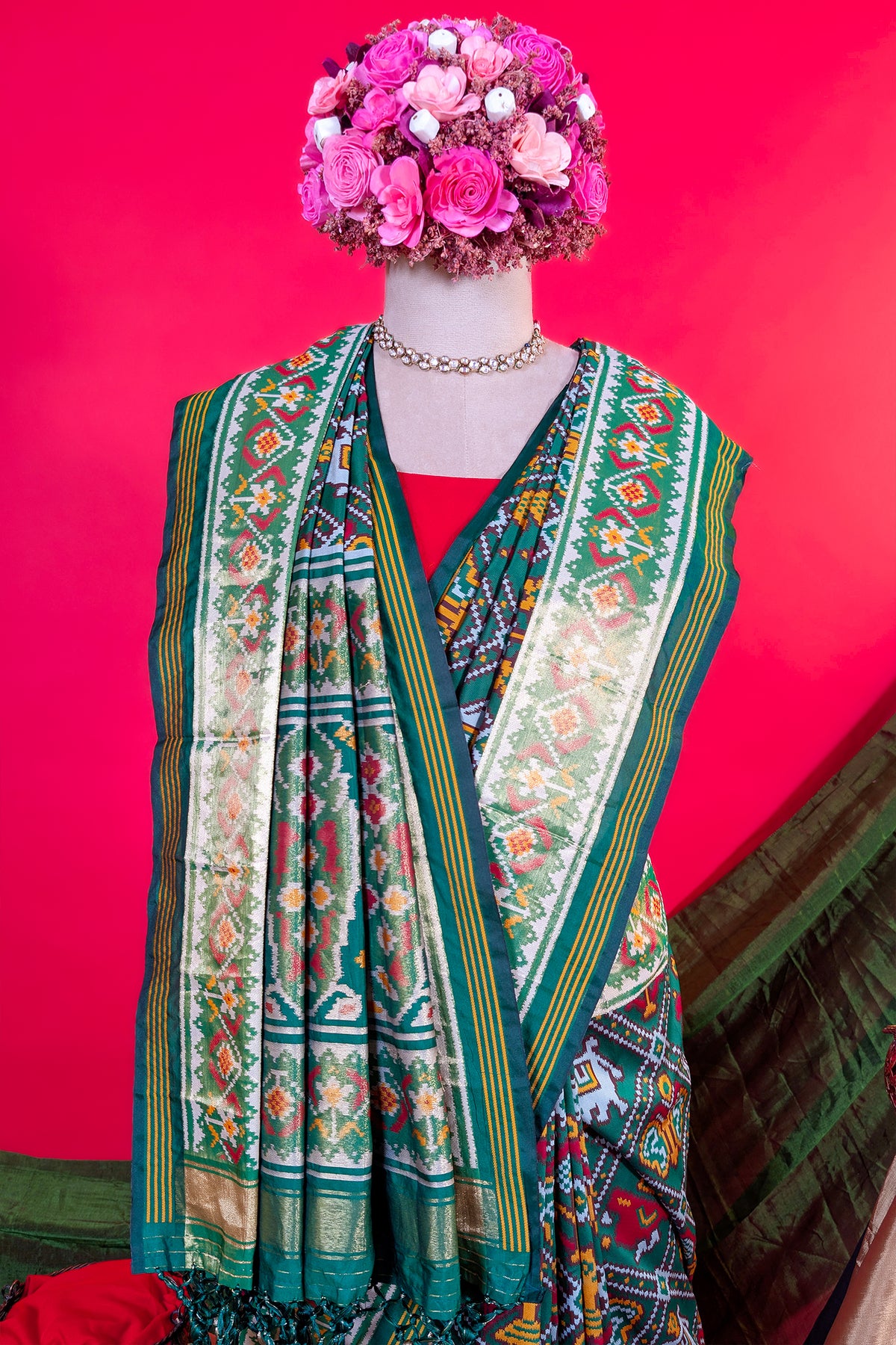Dark Green Art Silk Checks Woven Patola Woven Saree