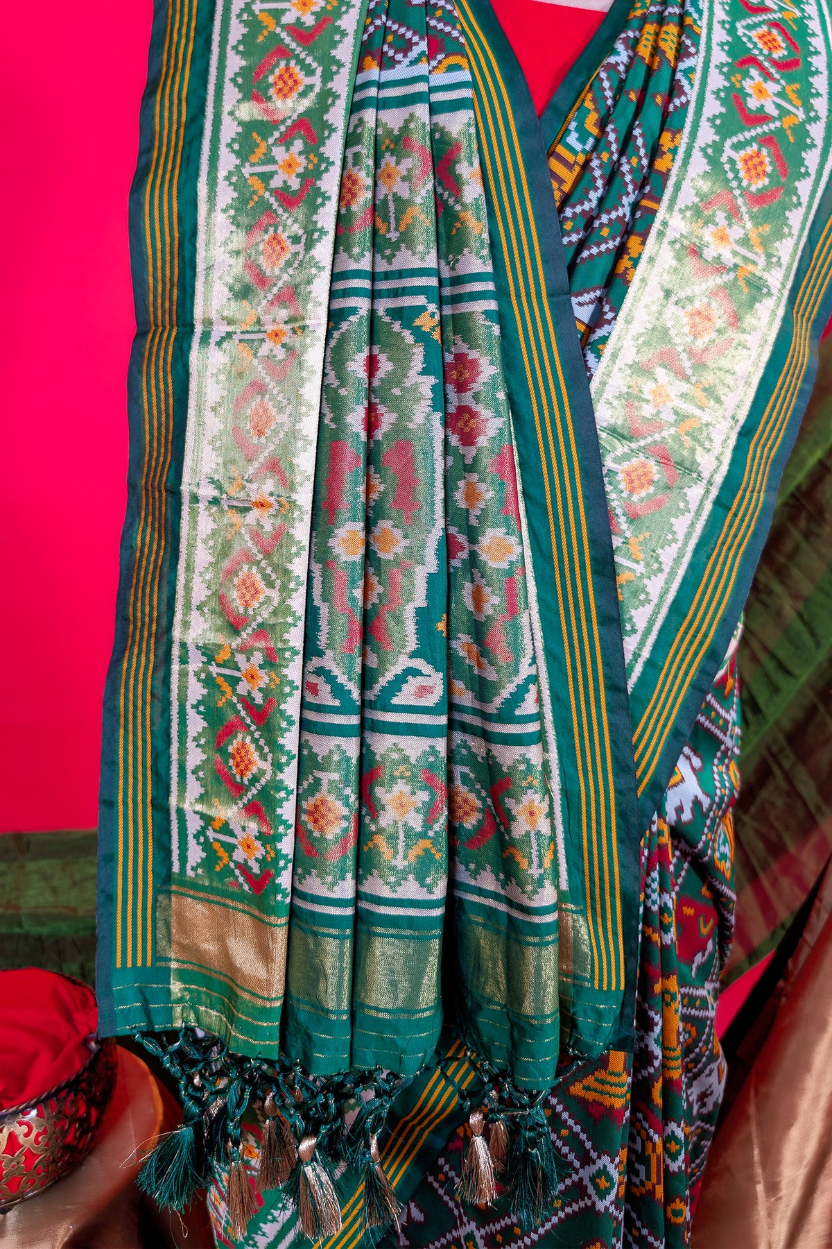 Dark Green Art Silk Checks Woven Patola Woven Saree