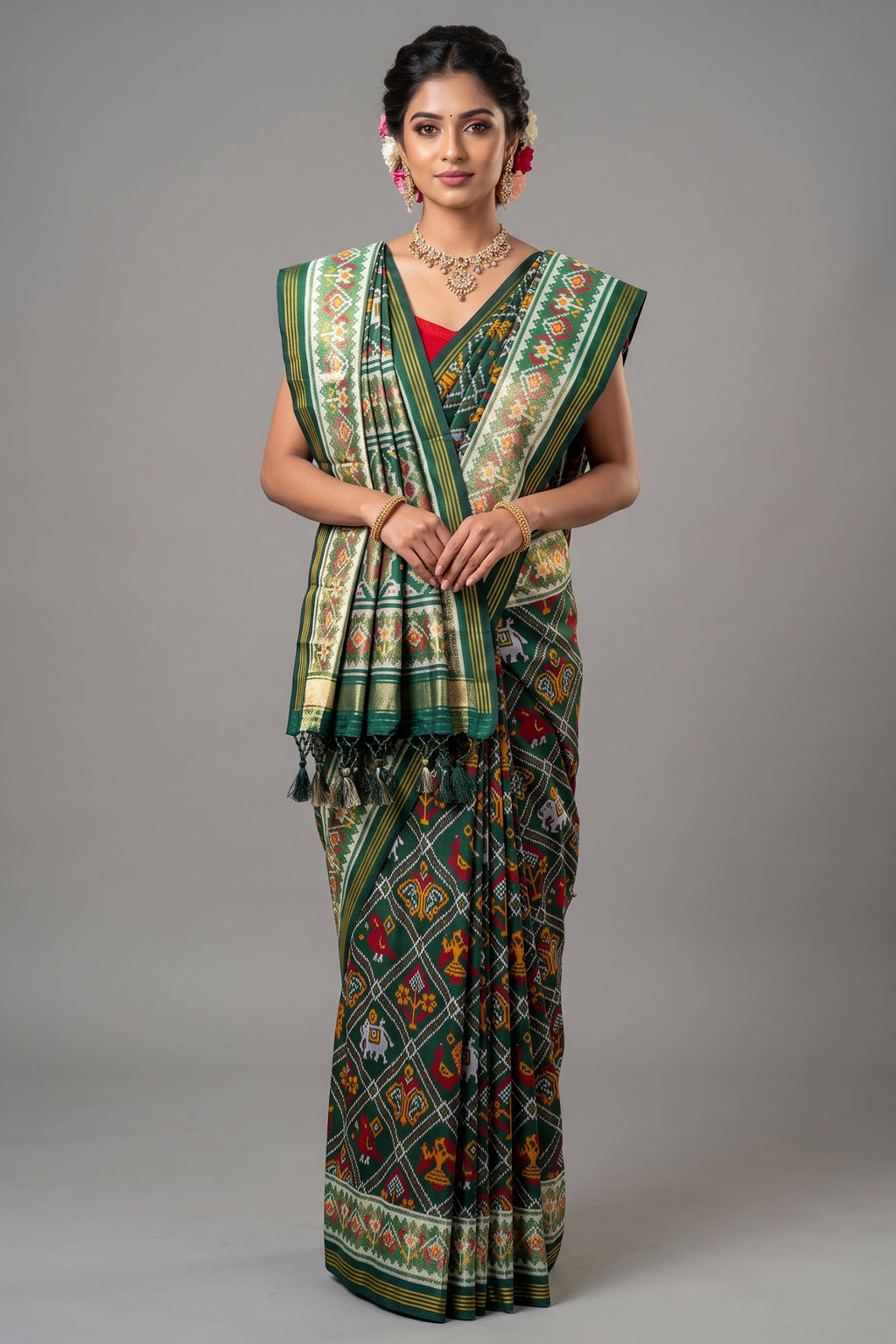 Dark Green Art Silk Checks Woven Patola Woven Saree