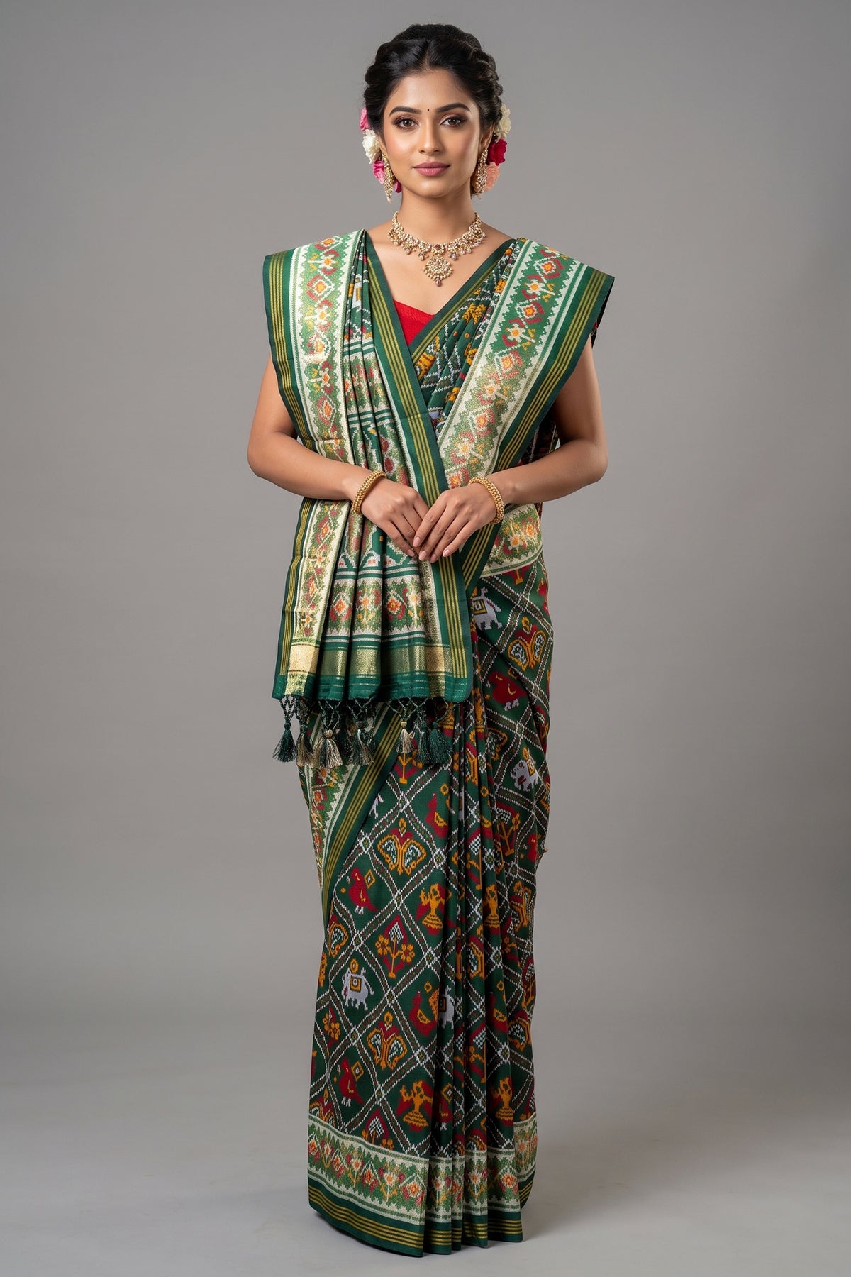 Dark Green Art Silk Checks Woven Patola Woven Saree