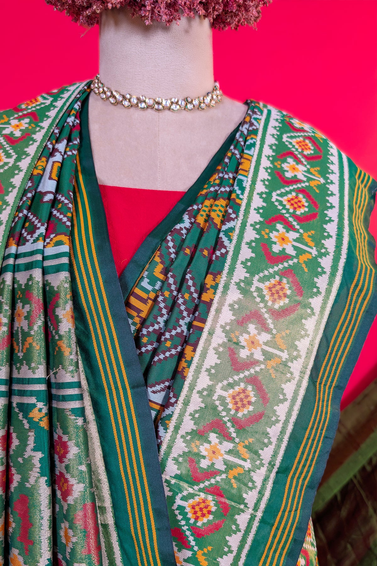 Dark Green Art Silk Checks Woven Patola Woven Saree