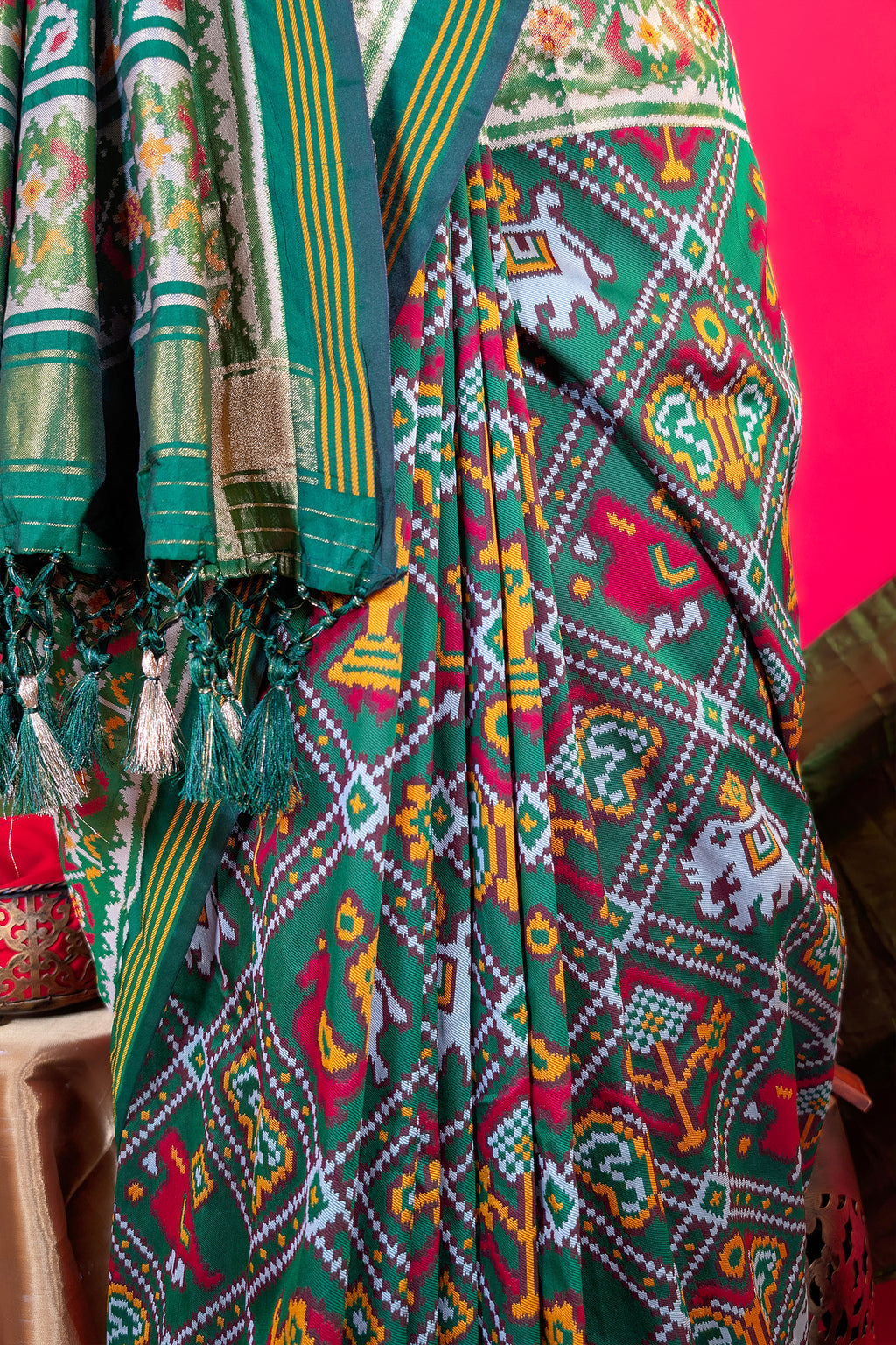 Dark Green Art Silk Checks Woven Patola Woven Saree