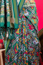 Dark Green Art Silk Checks Woven Patola Woven Saree