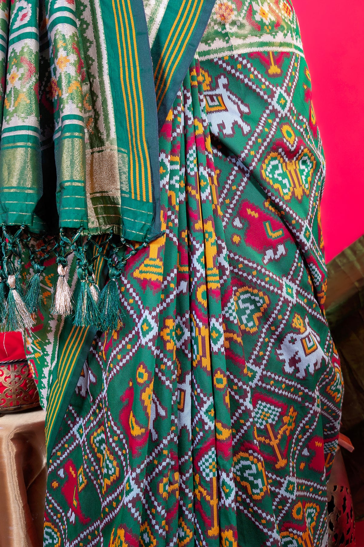 Dark Green Art Silk Checks Woven Patola Woven Saree