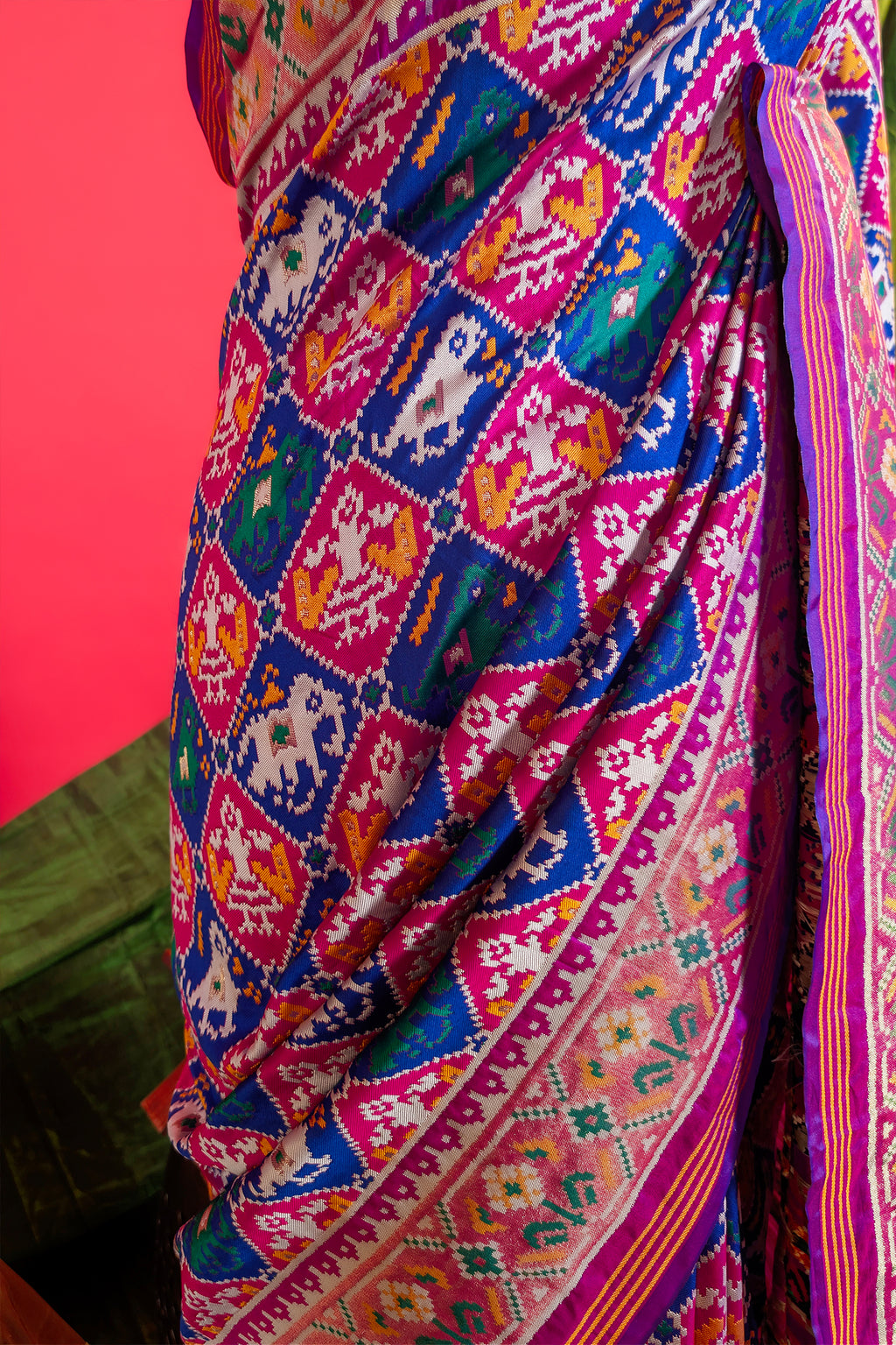 Pink and Blue Art Silk Checks Patola Woven Saree