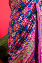 Pink and Blue Art Silk Checks Patola Woven Saree
