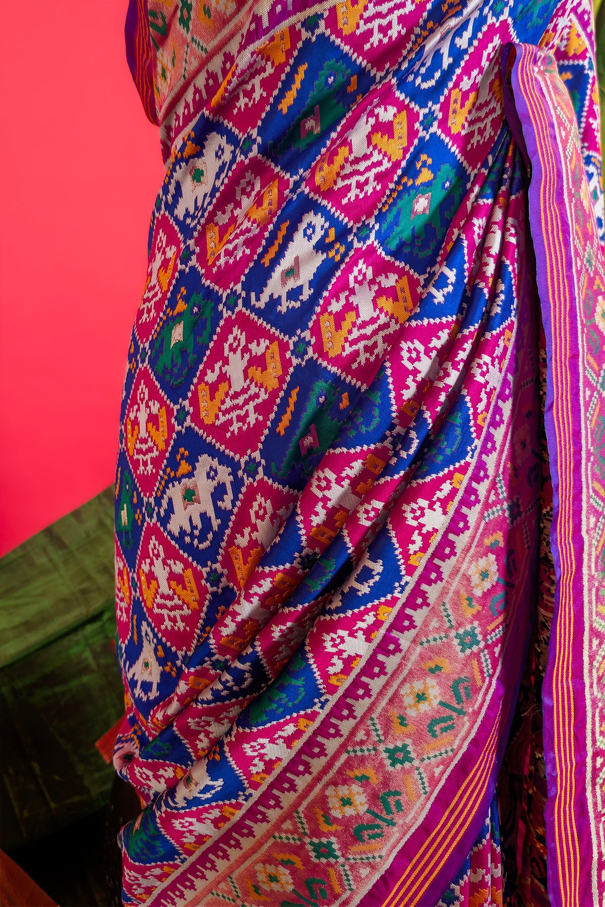 Pink and Blue Art Silk Checks Patola Woven Saree