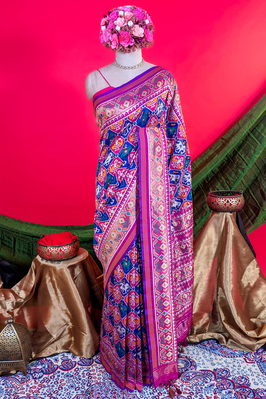 Pink and Blue Art Silk Checks Patola Woven Saree