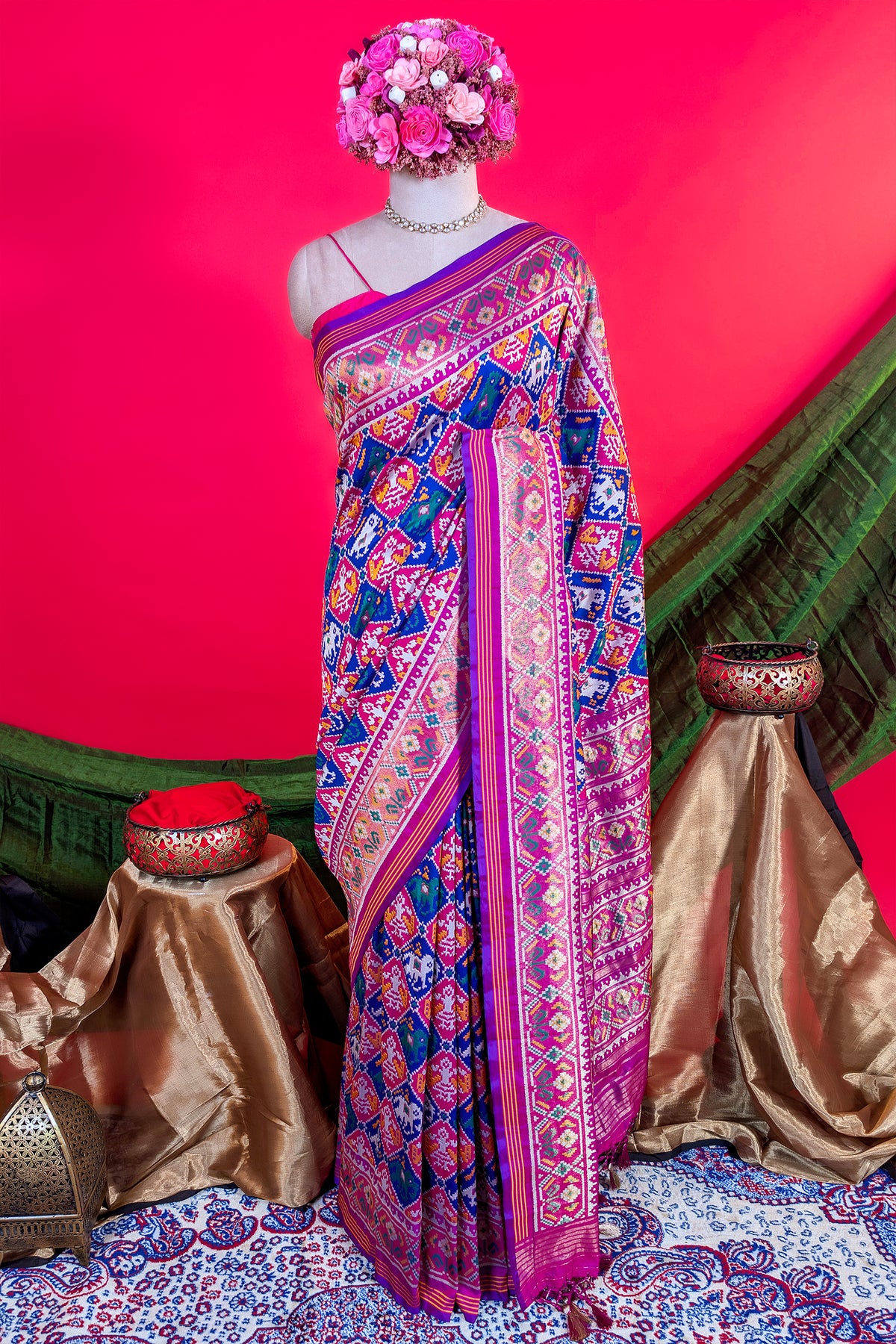Pink and Blue Art Silk Checks Patola Woven Saree