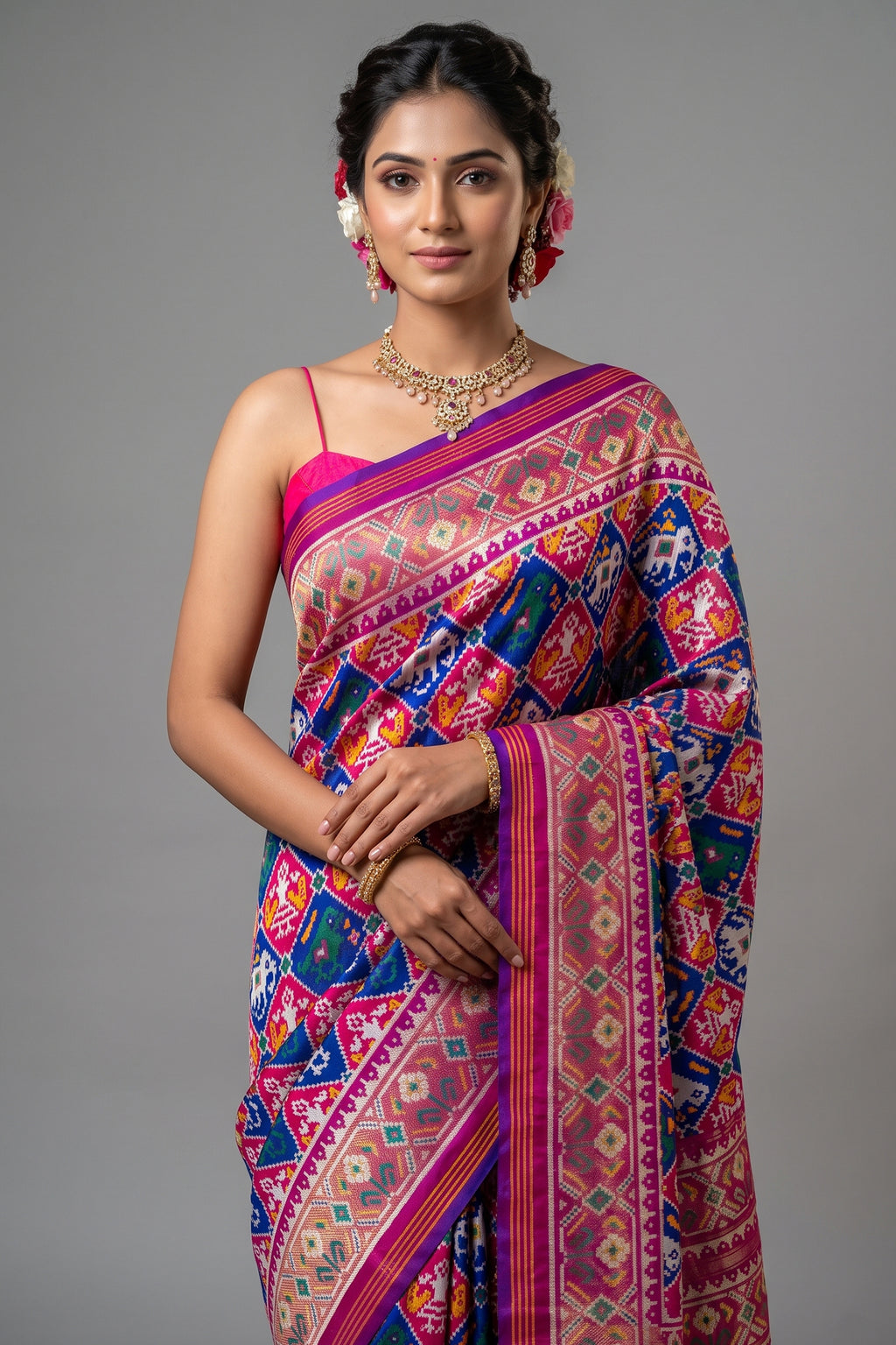 Pink and Blue Art Silk Checks Patola Woven Saree