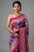 Pink and Blue Art Silk Checks Patola Woven Saree