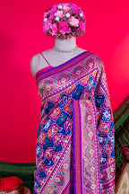 Pink and Blue Art Silk Checks Patola Woven Saree