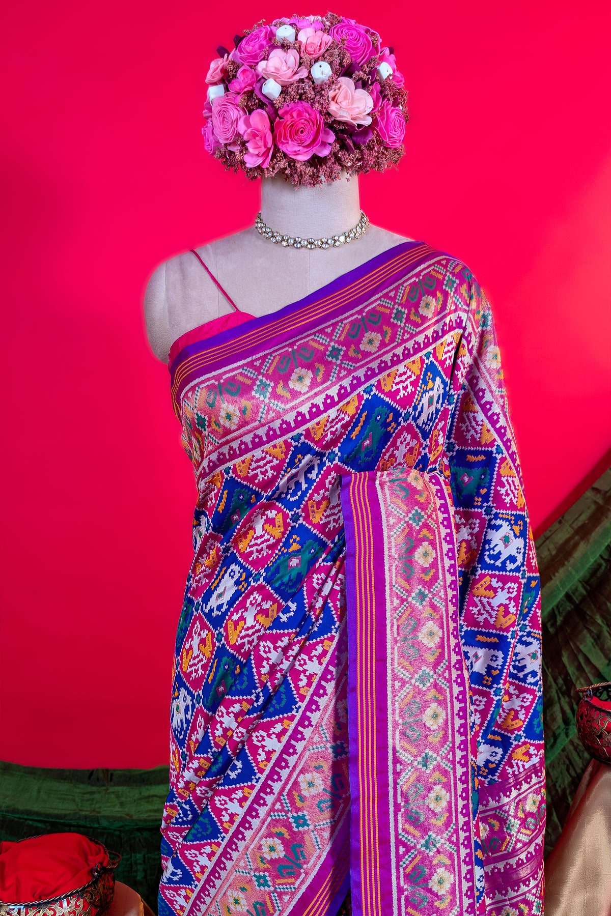 Pink and Blue Art Silk Checks Patola Woven Saree