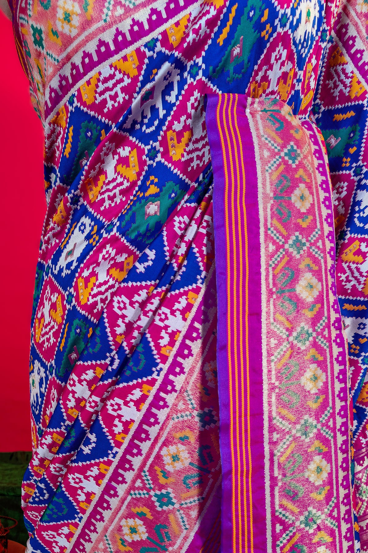 Pink and Blue Art Silk Checks Patola Woven Saree