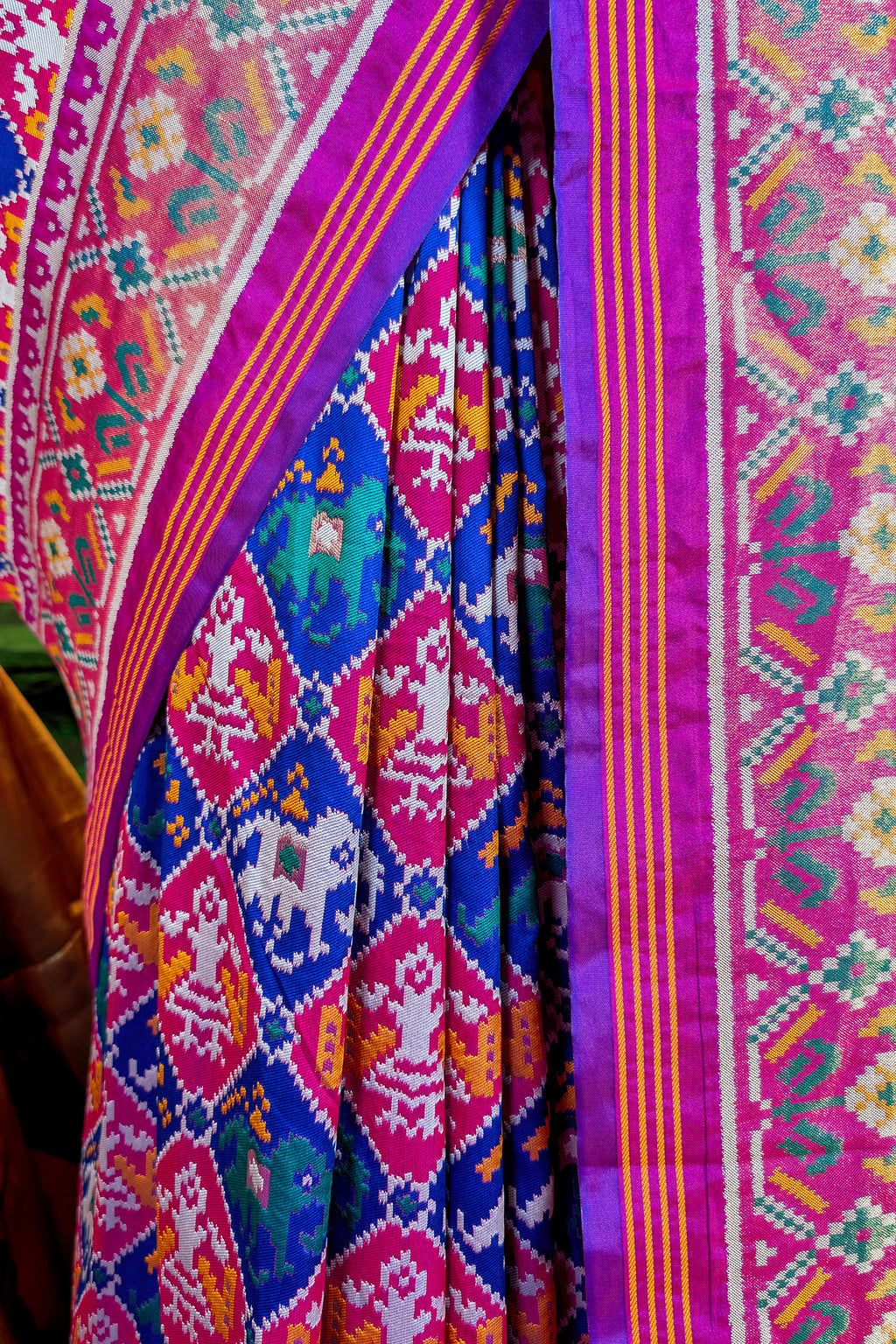 Pink and Blue Art Silk Checks Patola Woven Saree