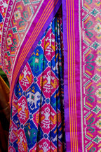 Pink and Blue Art Silk Checks Patola Woven Saree