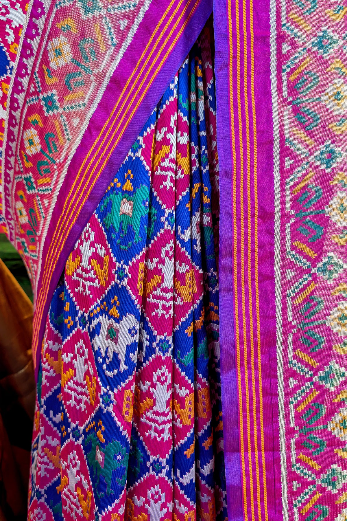 Pink and Blue Art Silk Checks Patola Woven Saree