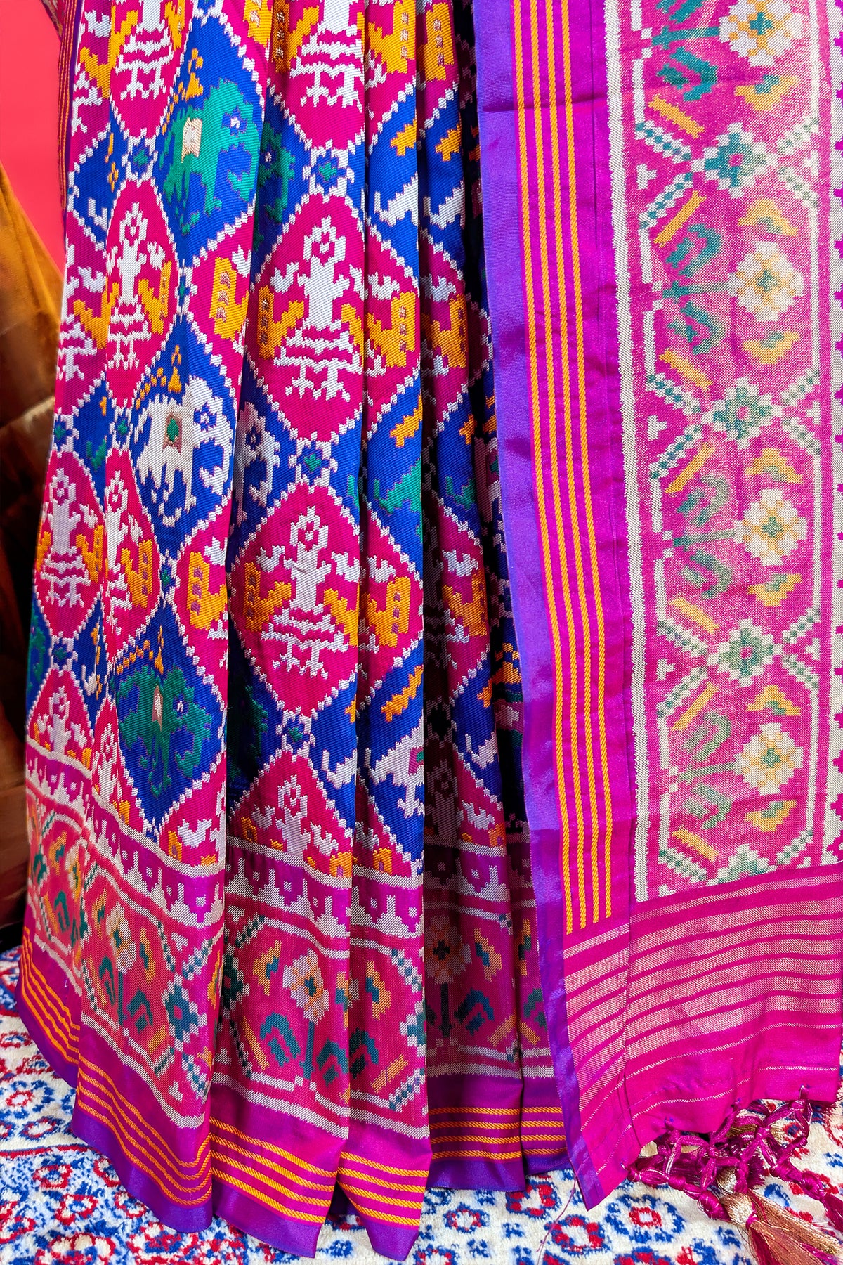 Pink and Blue Art Silk Checks Patola Woven Saree