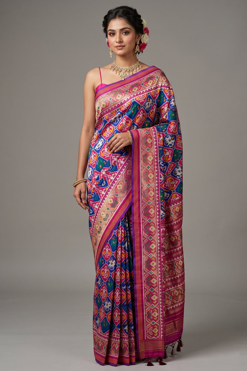 Pink and Blue Art Silk Checks Patola Woven Saree