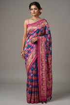 Pink and Blue Art Silk Checks Patola Woven Saree
