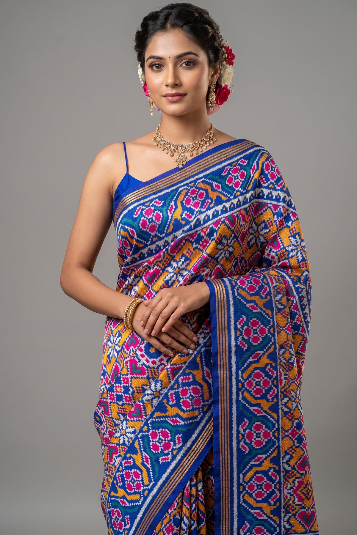Yellow and Blue Art Silk Patola Saree