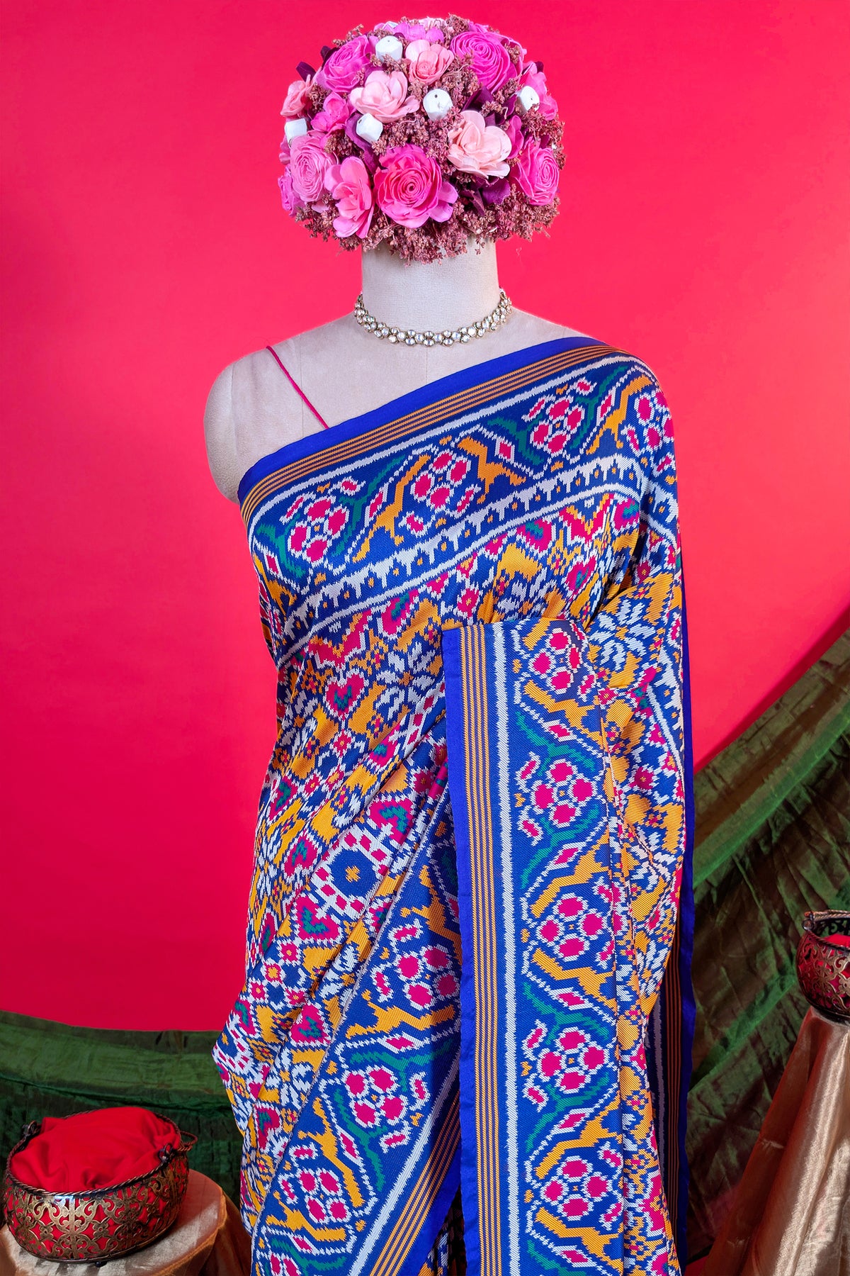 Yellow and Blue Art Silk Patola Saree