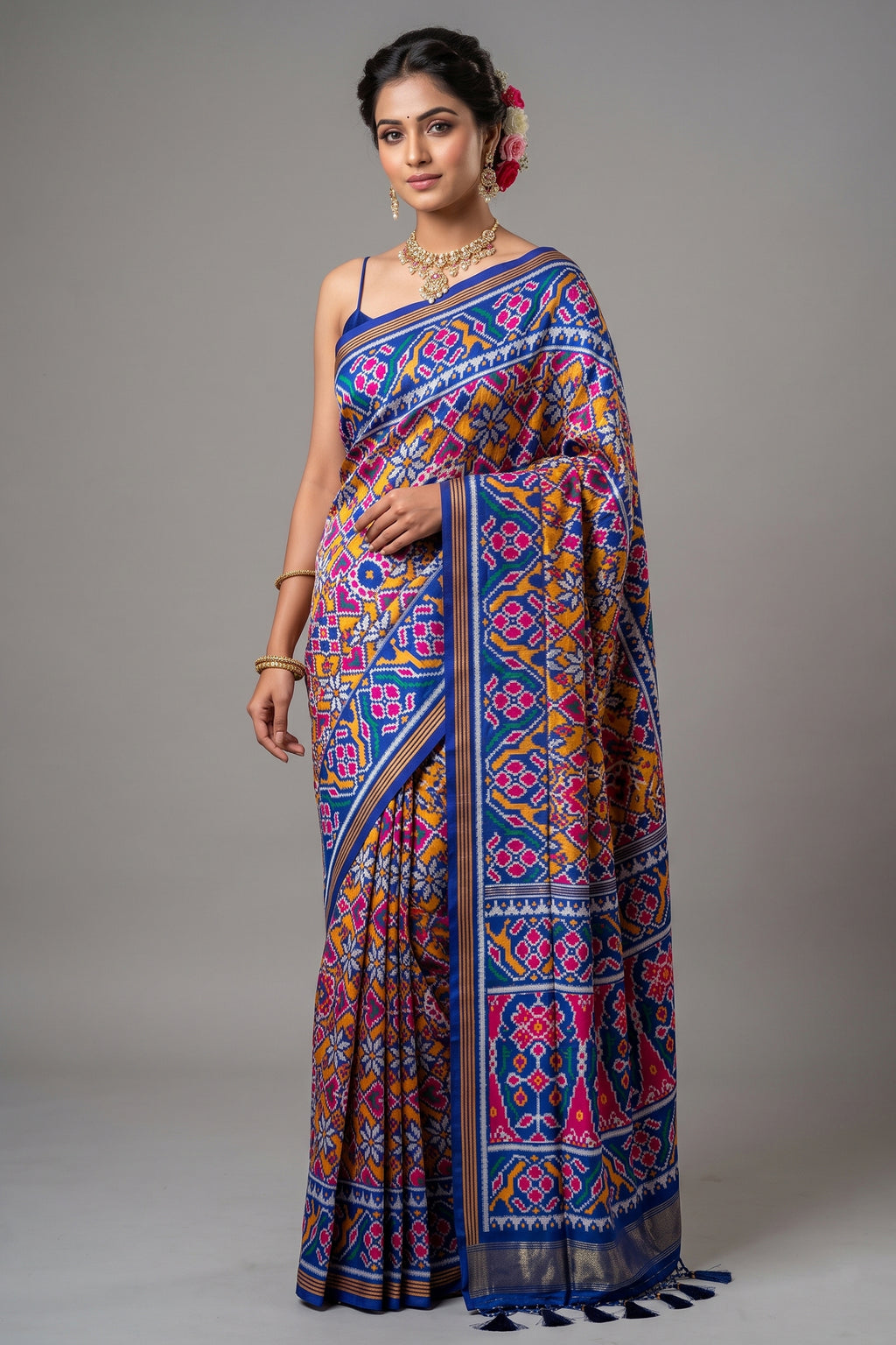 Yellow and Blue Art Silk Patola Saree