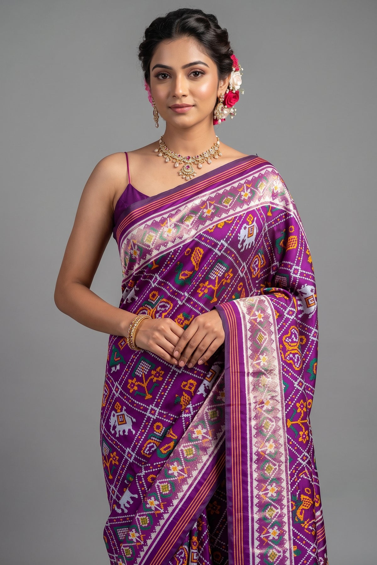 Purple Art Silk Checks Patola Saree