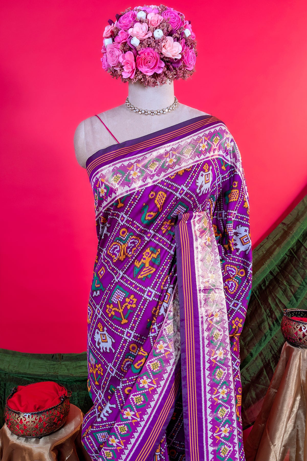 Purple Art Silk Checks Patola Saree