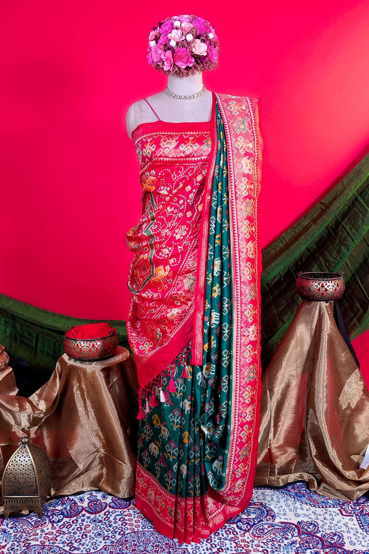 Dark Green Art Silk Patola Saree with Contrast Border and Pallu