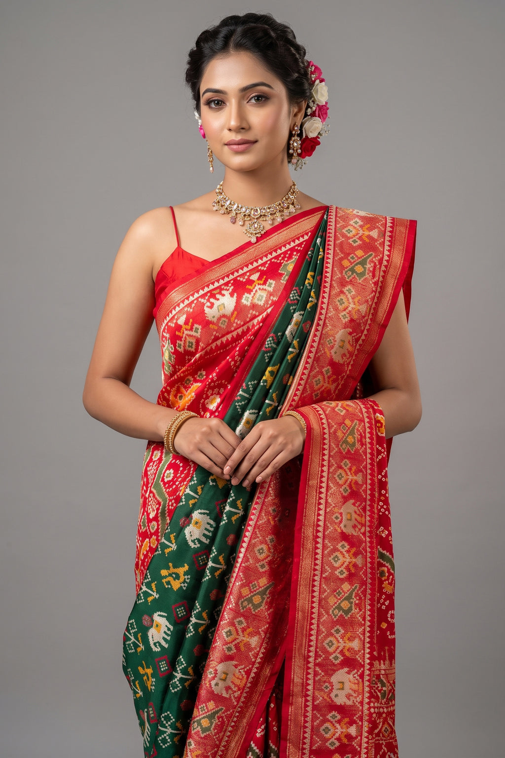Dark Green Art Silk Patola Saree with Contrast Border and Pallu