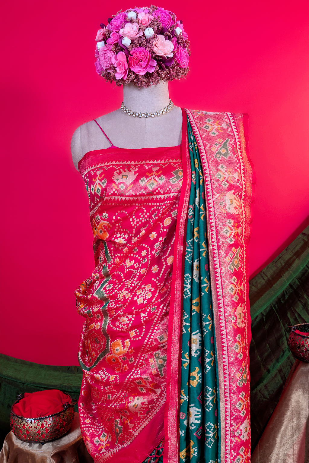 Dark Green Art Silk Patola Saree with Contrast Border and Pallu