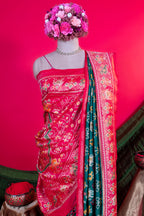 Dark Green Art Silk Patola Saree with Contrast Border and Pallu