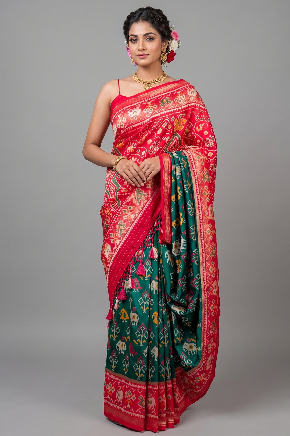 Dark Green Art Silk Patola Saree with Contrast Border and Pallu