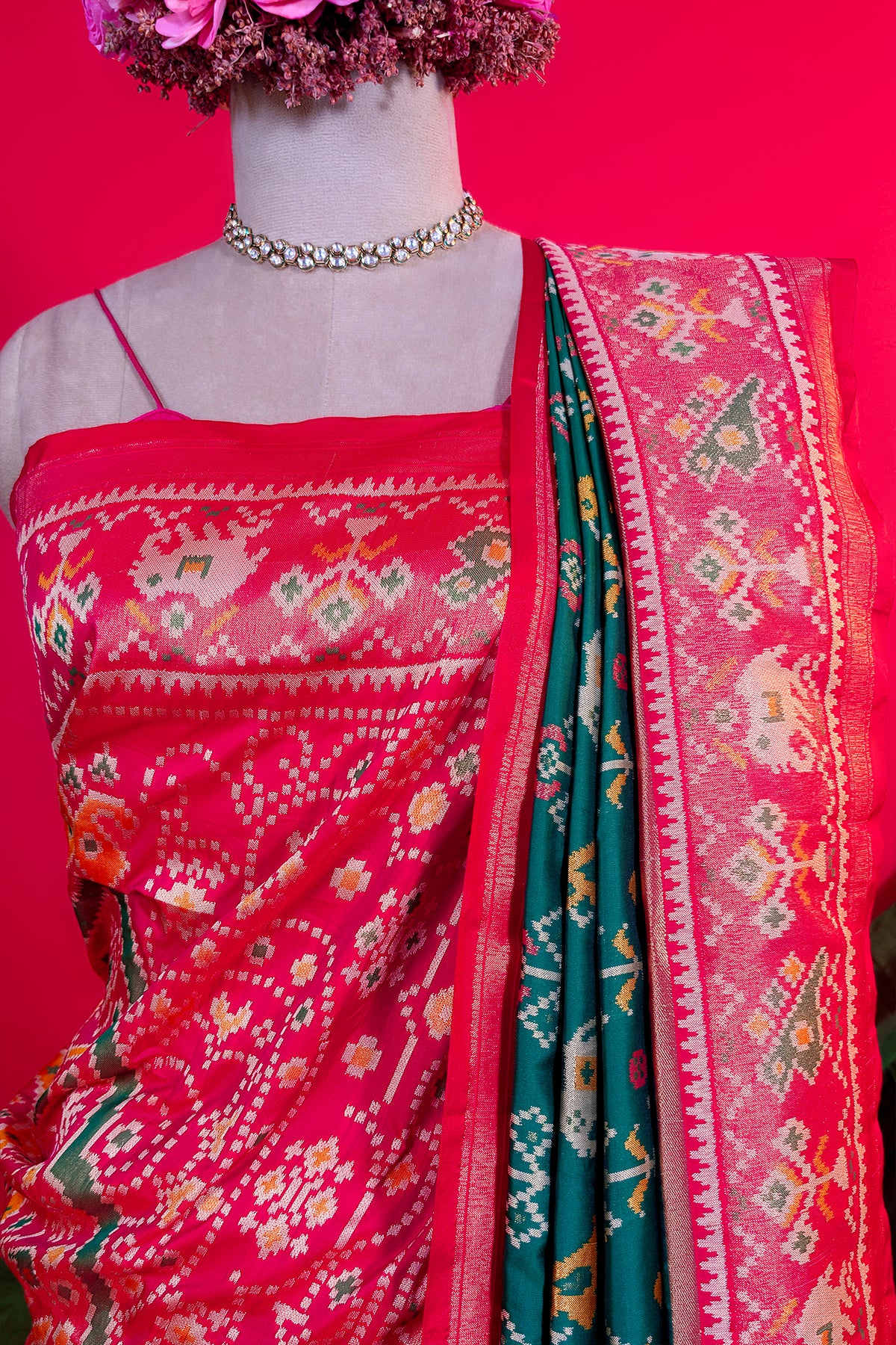 Dark Green Art Silk Patola Saree with Contrast Border and Pallu
