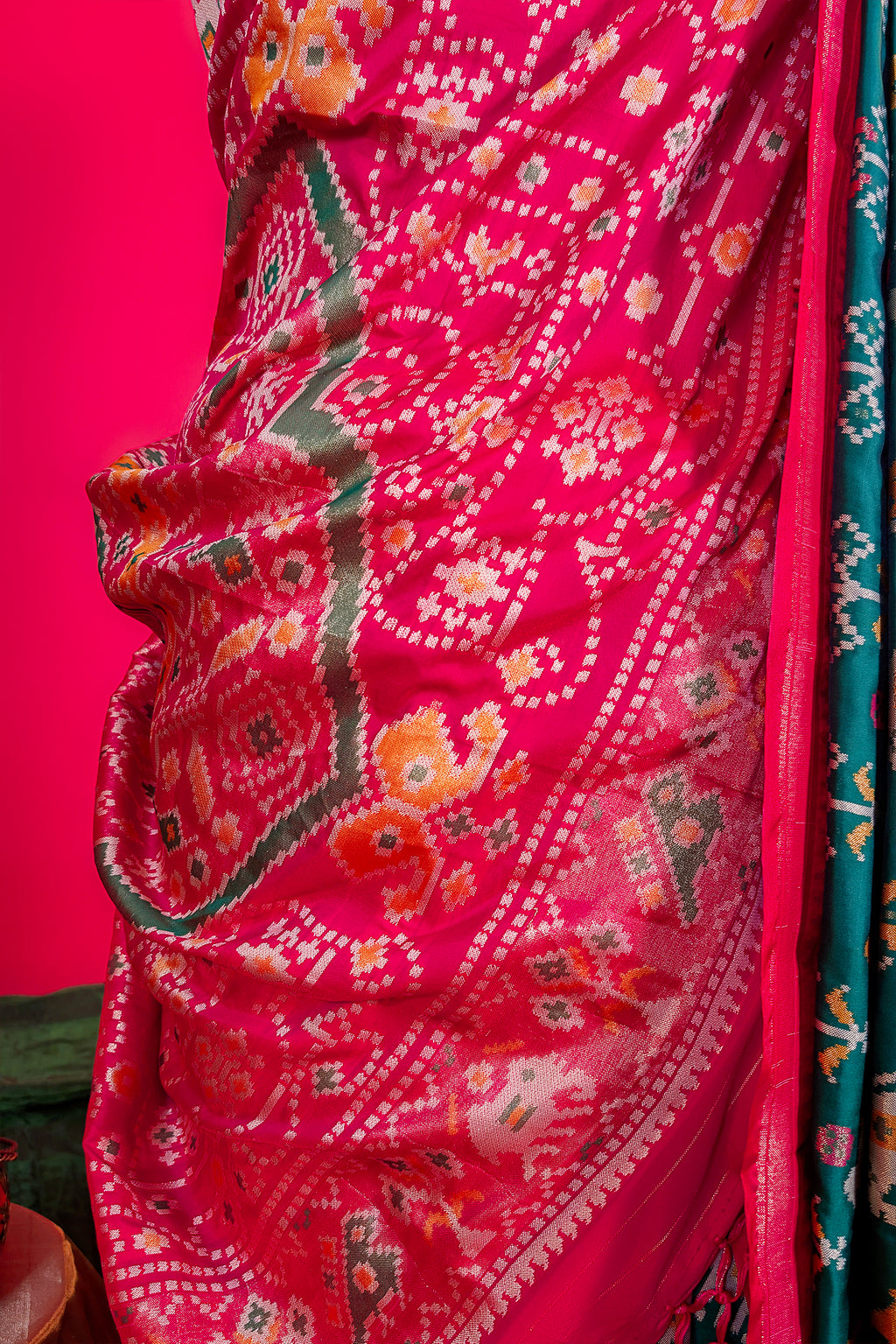 Dark Green Art Silk Patola Saree with Contrast Border and Pallu