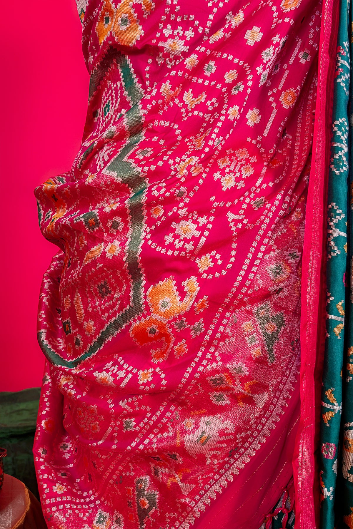 Dark Green Art Silk Patola Saree with Contrast Border and Pallu