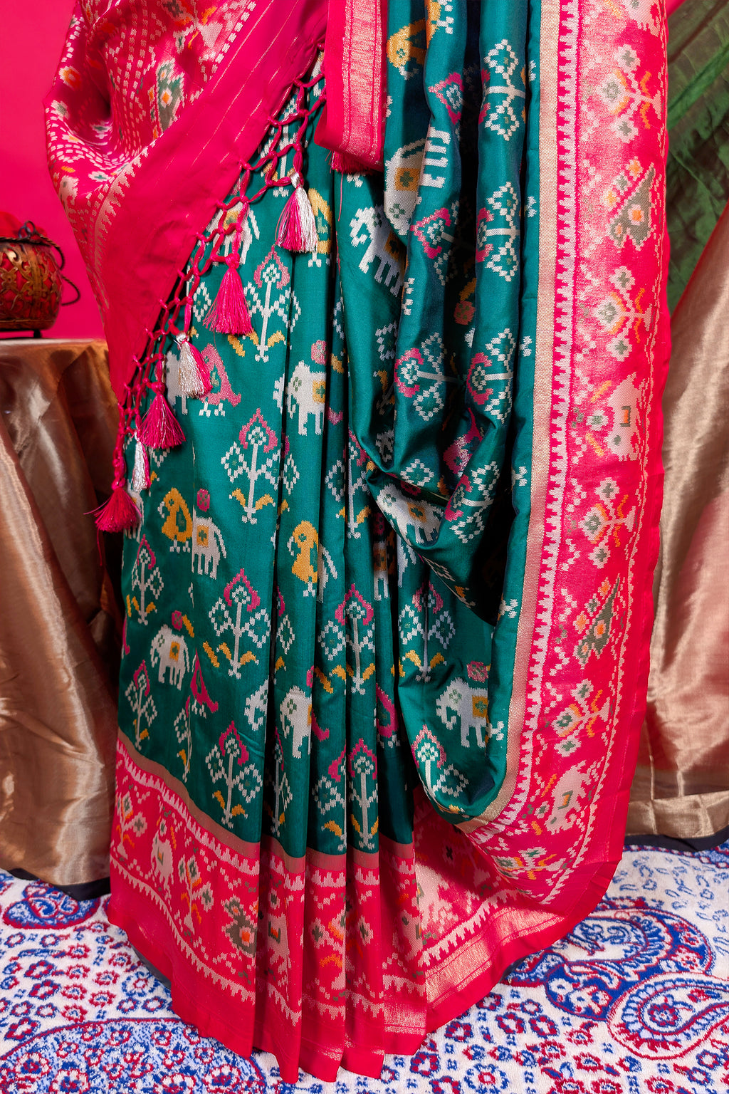 Dark Green Art Silk Patola Saree with Contrast Border and Pallu